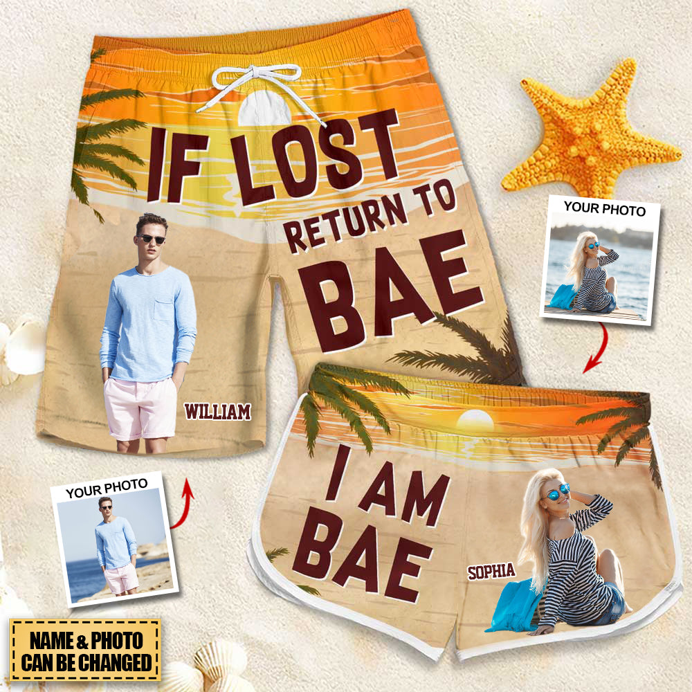If Lost Return To Bae - Personalized Couple Beach Shorts - Gift For Couples, Husband Wife