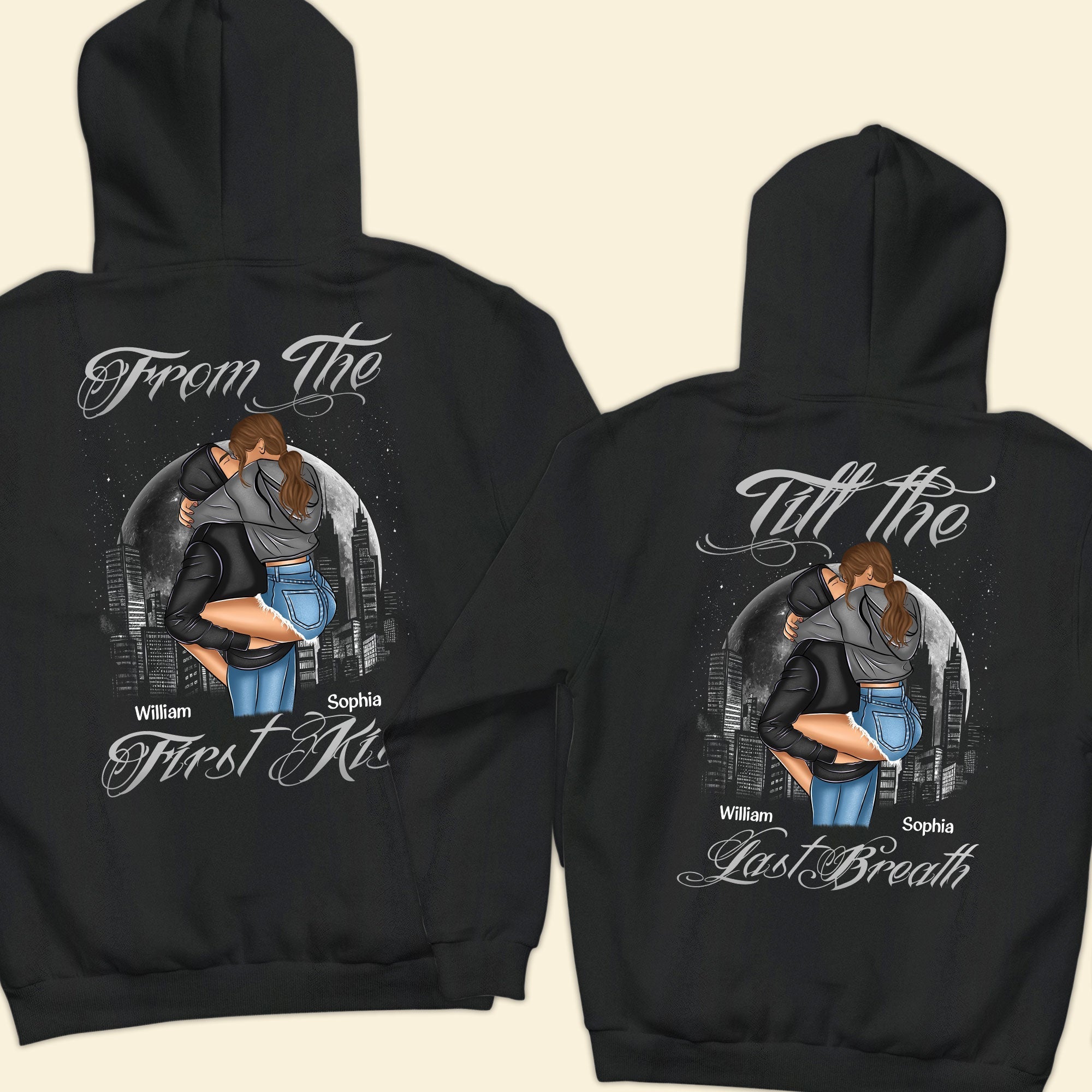 From The First Kiss Till The Last Breath-Personalized Matching Couple Back Printed Hoodies