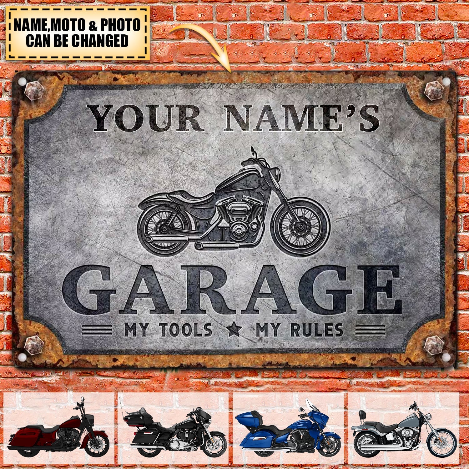 Custom Motorcycle Sign, Workshop, Motorbike Personalised Garage Metal Sign - Upload Photo
