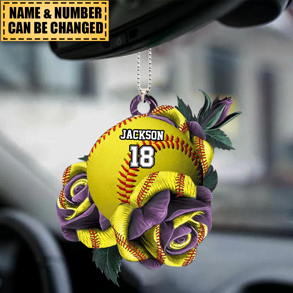 Personalized Softball In Purple Rose Car Hanging Ornament - Gift For Softball Players