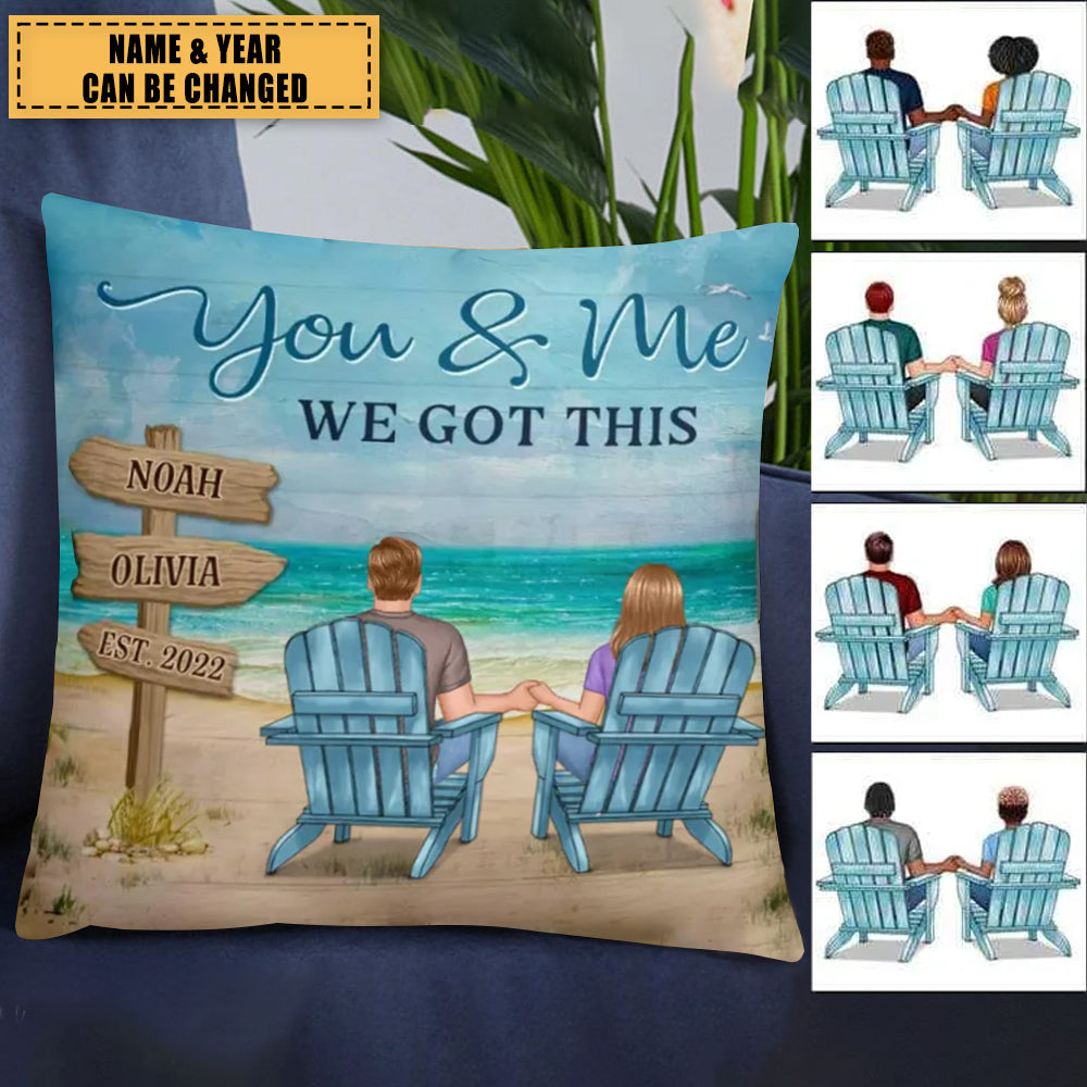 Back View Couple Sitting Beach Landscape You & Me We Got This Personalized Pillow
