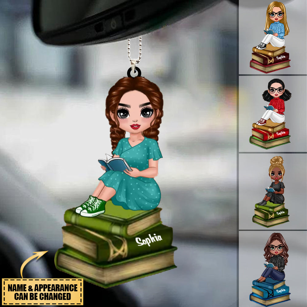 Reading Girls Sitting On Books Personalized Car Hanging Ornament
