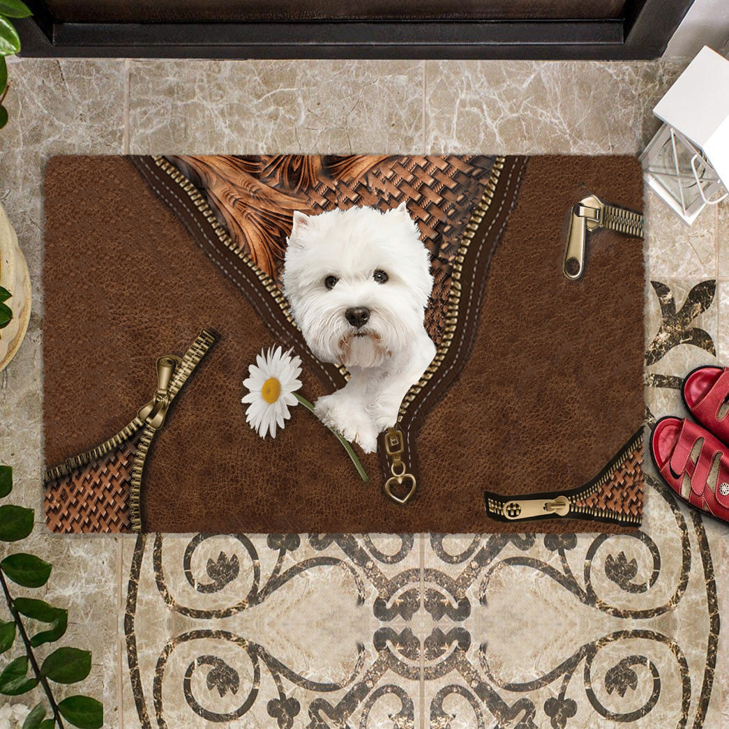 Dog Holding Daisy Doormat